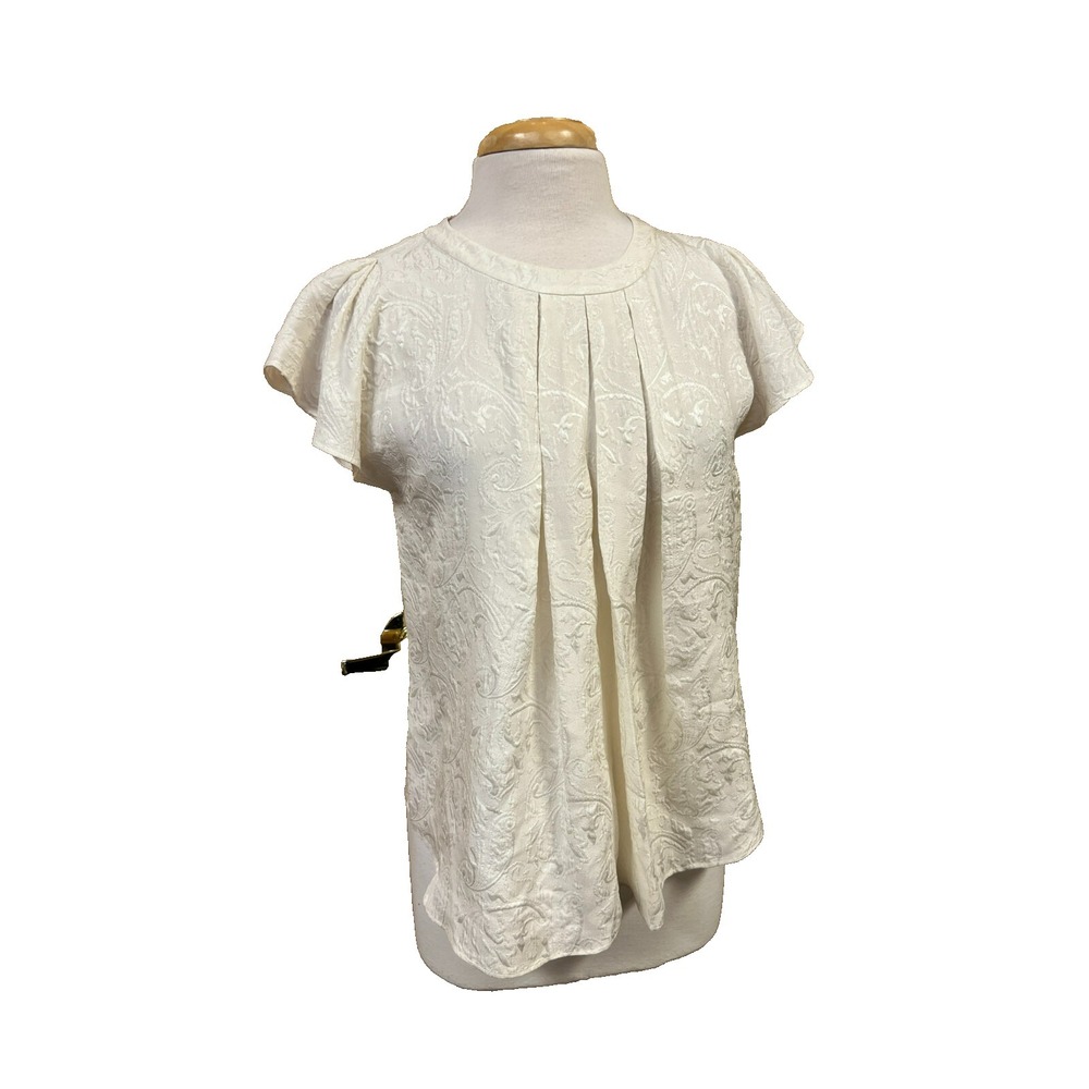 NEW L'AGENCE Ivory Silk Jacquard Top Flutter Sleeves Pleated Scoop Neck SZ S
